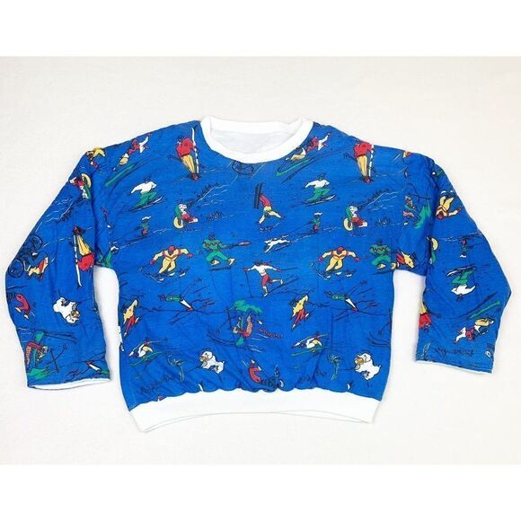 Vintage Reversible Sweatshirt Ski Snow Skiing Sports Cartoon Art  All Over Print - Picture 4 of 9